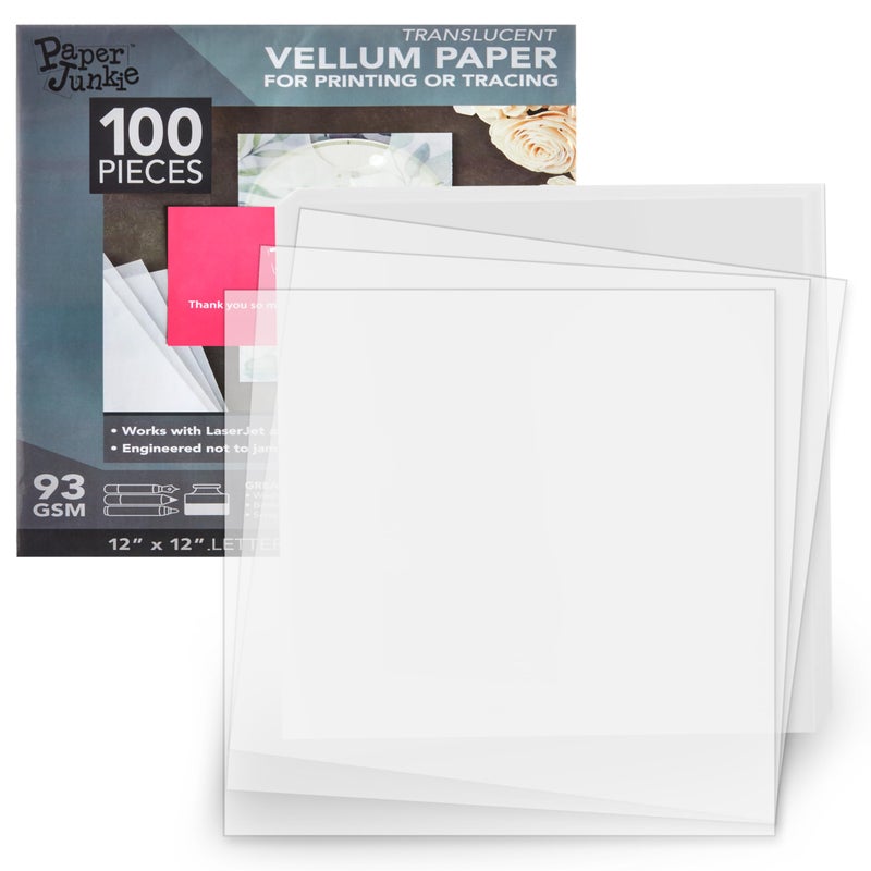 Paper Junkie أوراق فلامية شفافة - 100 ورقة، 12 × 12 بوصة، بيضاء - 93 جرام/63 رطل ورق تتبع للرسم وورق دعوات - طبقات حرفية شفافة - Image 1
